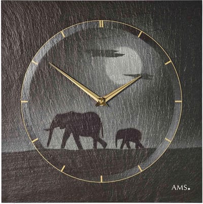 AMS W9597 - Wandklok - Analoog - Natuurlijke Leisteen - Airbrush - Zwart - Grijs - Goudkleurig