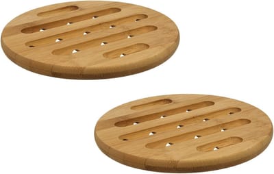 Secret de Gourmet pannen onderzetter - 2x - rond - bruin - D18 cm - van bamboe - Pannenonderzetter