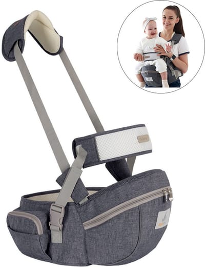 Gloovon® Ergonomisch Babyheupzitje Buikdrager - Met Schouderband & Opbergvakken - Ademend 3D Mesh Zitvlak - Max 20kg - Grijs