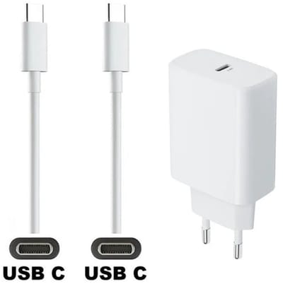 OneOne 45W super snellader en screenprotector van glas voor iPhone 15 en iPhone 16. Oplader met sterke 1,0m USB C naar C kabel. Krachtige witte PD PPS lader adapter. Screenprotector past op Apple iPhone 15, iPhone 16