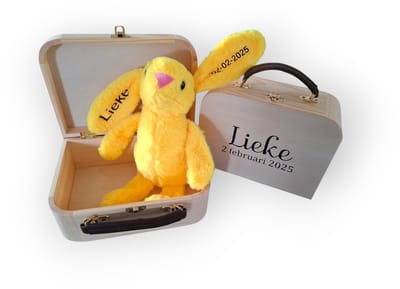 Persoonlijk geboorte cadeau met naam en geboortedatum koffertje pluche konijn compleet kado geboortegeschenk gepersonaliseerd