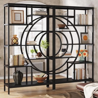 TRIBESIGNS Boekenkast Set van 2 - Geometrische Boekenkast - Industrieel - 8 Lagen - Hout/Metaal - 100 x 30 x 179cm - Zwart