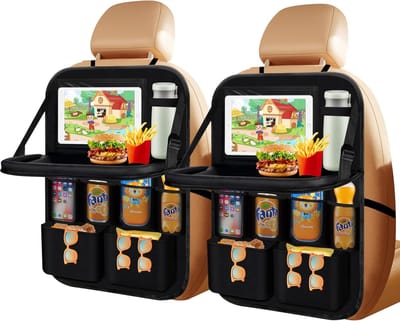 Famanu – Auto-organizer - 2 stuks - grote rugleuningbescherming - voor auto - kinderen - multifunctioneel - waterdicht - organizer met klaptafel - tablettas en veel zakken - zwart