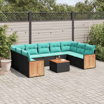 vidaXL - 10-delige - tuinbankset - met - kussens - van - zwart - polyrotan