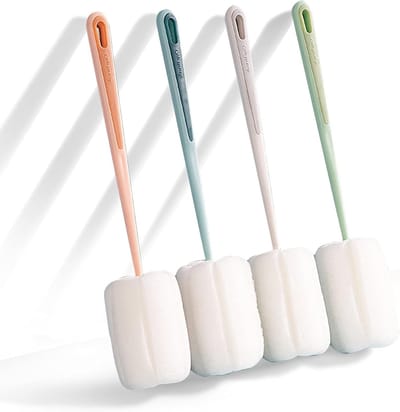 4-delige Basis Spons Schoonmaakborstel - Lange 25 cm Borstel met Sterke Hechting, Ideaal voor Glazen, Flessen en Schalen