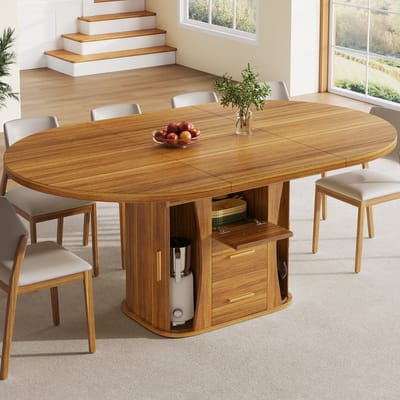 Zubaliya 1x Uitschuifbare Tafel Eettafel Ronde Tafel Wordt Ovaal - 118-158 cm - Voor Tot 6 Personen - Drie Opbergvakken - Notenkleur - 77 cm Hoog