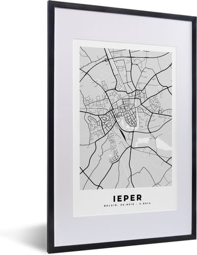 Fotolijst incl. Poster Zwart Wit- Plattegrond – Ieper – Zwart Wit – Stadskaart - Kaart - 40x60 cm - Posterlijst