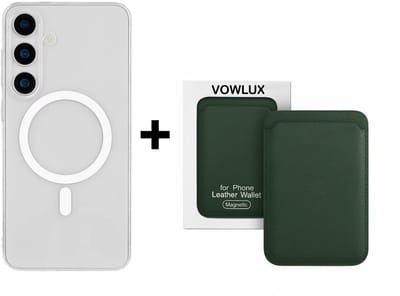 VOWLUX Compatible MagSafe Hoesje voor Samsung Galaxy S25 Transparant – Inclusief Donkergroen Wallet Pasjeshouder – 24 Magneten – Kunstleer – 3 Kaarten – Shockproof Case
