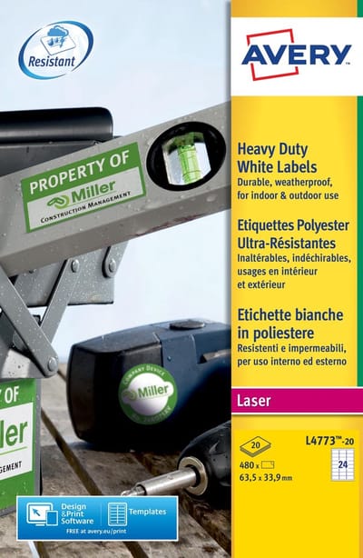 Avery ultra-sterke witte etiketten ft 63,5 x 33,9 mm (b x h), 480 stuks, 24 per blad 5 stuks