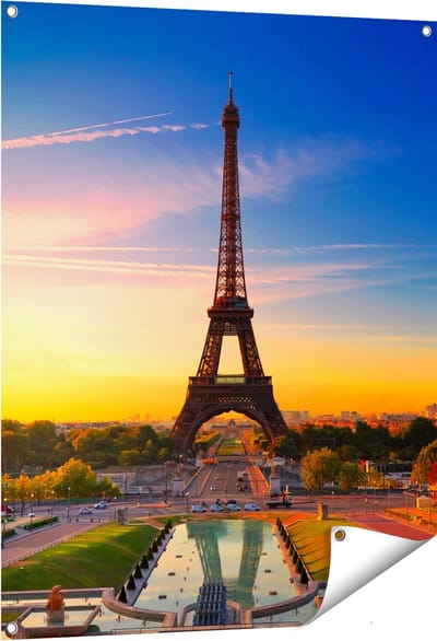 Gards Tuinposter Parijs Eiffeltoren tijdens de Zonsopkomst - 80x100 cm - Tuindoek - Tuindecoratie - Wanddecoratie buiten - Tuinschilderij