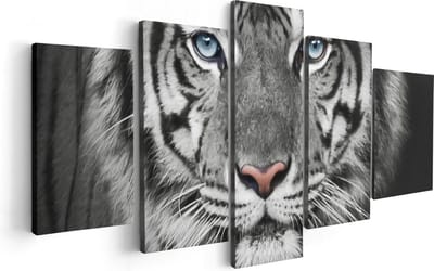 Artaza Canvas Schilderij Vijfluik Tijgerkop Met Blauwe Ogen - Zwart Wit - 100x50 - Foto Op Canvas - Canvas Print