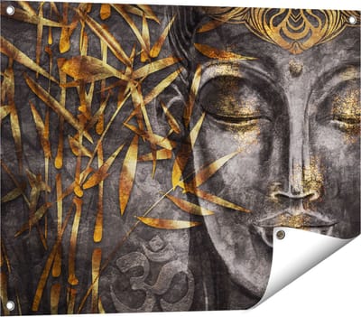 Gards Tuinposter Gouden Boeddha van Aquarel - Abstract - 80x60 cm - Tuindoek - Tuindecoratie - Wanddecoratie buiten - Tuinschilderij