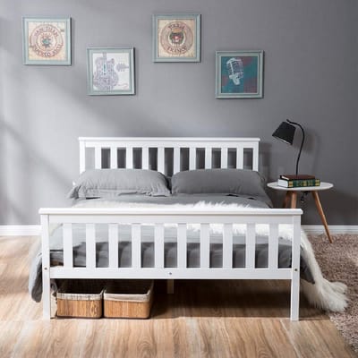 KOMHTOM Tweepersoonsbed 140x200 cm Volwassenenbed Massief houten bed met lattenbodem wit