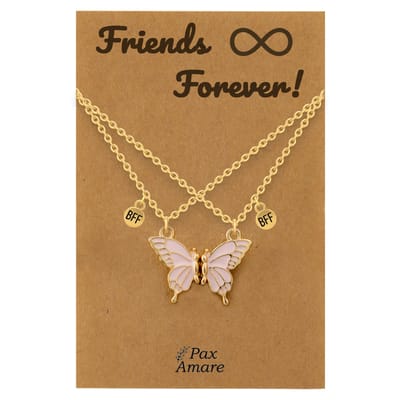 BFF Ketting voor 2 ' Friends Forever' - Magnetische Roze Vlinder - Vriendschapsketting op Cadeau Kaartje - 45cm + 5cm verstelbaar - Goudkleurig - Best Friends Hanger - Pax Amare