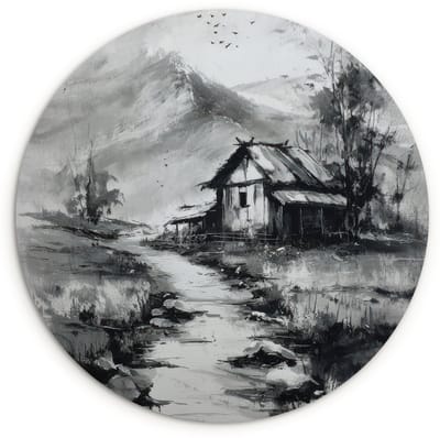 WallCircle® Wandcirkel 120x120 cm - Muurcirkel Hut - Grijs - Bergen - Mistig - Muurdecoratie woonkamer - Wanddecoratie slaapkamer - Kamer decoratie accessoires - Ronde schilderijen XXL