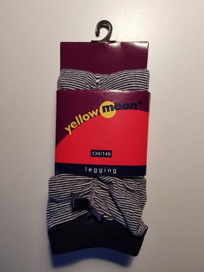 Katoenen legging, wit met blauw streepje en strikje maat 122-128