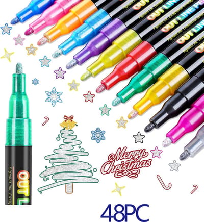 KZQ 48 kleuren glitter markerset - Dubbele lijn outline markers met metallic effect - Zelfomtrekkende stiften voor kunst en knutselen - Cadeau voor tieners en kinderen - Met glans en metallic afwerking