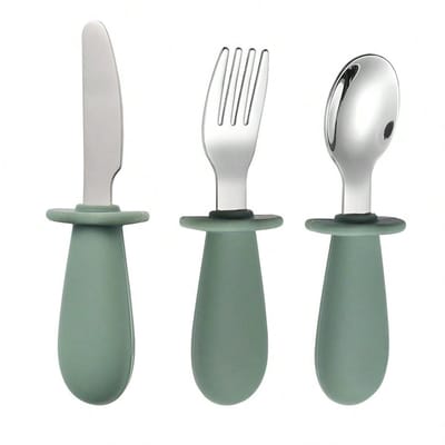 Crrynuo - Kinderbestek Set 3-delig - 316 Roestvrij Staal + Silicone - Korte Stelen - Met Opbergdoos - Modern Enkel - Lichtbruin