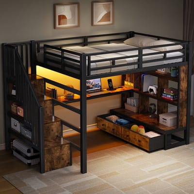 Stapelbed - 140 x 200 cm - Metaal Bedframe - Bureau en Planken - Opslagladder - Zwart
