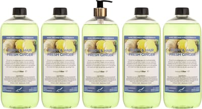 Body & Hair Fresh Ginger 1 liter met gouden pomp - set van 5 stuks - 2 in 1 voor lichaam en haar - voordeelverpakking