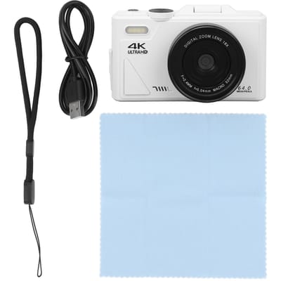 Appareil photo numérique 4K 64 MP UHD, zoom 18x, autofocus, compact et rétro, avec écran rabattable de 3 pouces blanc