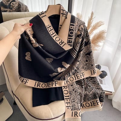 Luxe Winterroos Tweezijdig Kasjmier Jacquard Sjaals Hoge Kwaliteit Dames Verdikken Wikkel Sjaal Dames Wol Pashmina Sjaal black