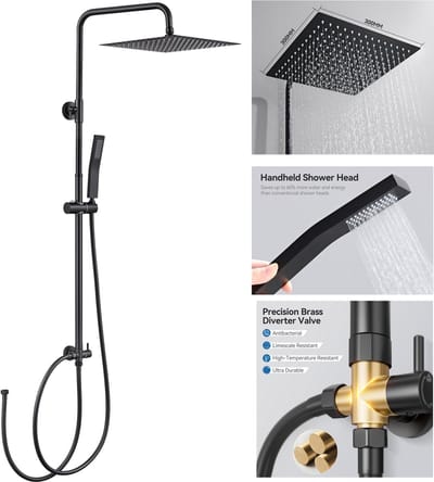 Auralum Max Douche Set - Douchesysteem Met omstelling - Regendouche Zwart - 12 inch Douchekop - Verstelbare Hoogte 72-110 cm - Waterbesparend - Zwart