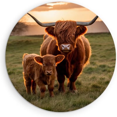 Saammp Muurcirkel Hout - Schotse Hooglander Koe tussen de roze bloesem - Dieren - Natuur - Ø 90 - Wandcirkel - Wanddecoratie Cirkel - muurdecoratie Woonkamer - Slaapkamer decoratie - Rond Schilderij