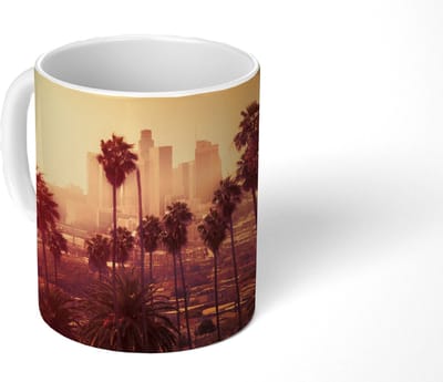 Mok - Koffiemok - Palmboom - Skyline - Zonsondergang - Architectuur - Mokken - 350 ML - Beker - Koffiemokken - Theemok
