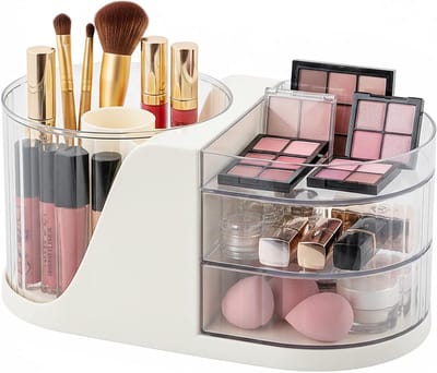 360° Draaiende Makeup Organizer met 2 Laden - Cosmetica Organizer voor Badkamer en Slaapkamer, Ideaal voor Make-up en Schoonheidsproducten