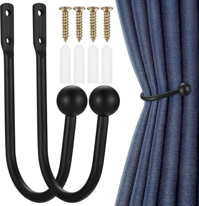 Gordijnhaken - Set van 2 - Gordijngespen - Gordijnstrikken - Aluminium haken - U-vormige gordijnhaken voor aan de muur - Stoffen gordijnaccessoire - Voor het vastzetten van gordijnen of het ophangen van items - 15,5 x 6,7 cm - Zwart