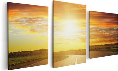 Artaza Canvas Schilderij Drieluik Zonsondergang Over De Weg Met Een Rode Lucht - 120x60 - Foto Op Canvas - Canvas Print