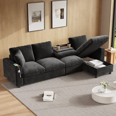 MODENUIT Hoekbank 280 x 137 cm - Slaapfunctie met Opbergruimte, USB en Bekerhouders - Woonkamer - Chenille Grijs