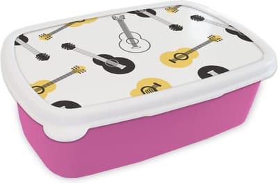 Broodtrommel Roze - Lunchbox - Brooddoos - Gitaar - Patronen - Instrumenten - 18x12x6 cm - Kinderen - Meisje