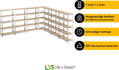 Life’s Green Stelling Set 90 cm - Opbergrek - Stellingkast - 6x 90*30*180 cm - 1x Hoekstelling - Zilver
