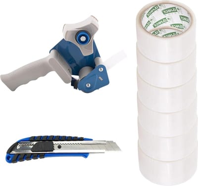 Handafroller voor plakband met 6 transparante verpakkingstaperollen - 50 m x 48 mm - inclusief cuttermes - rubberen handgreep - transparant