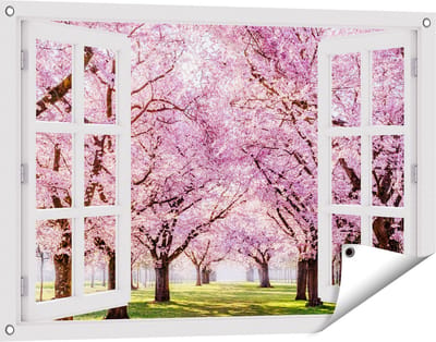 Gards Tuinposter Doorkijk Roze Bloesembomen Park - Bloemen - 90x60 cm - Tuindoek - Tuindecoratie - Wanddecoratie buiten - Tuinschilderij
