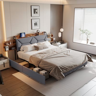 Gestoffeerd bed 140 x 200 cm met lattenbodem, bed 140 x 200 cm met 4 lades, uitschuifbare nachtkastjes en 3 USB-poorten, 1 Type-C-poort, lattenbodem, gewatteerd voor volwassenen, zonder matras (grijs 140 x 200 cm)
