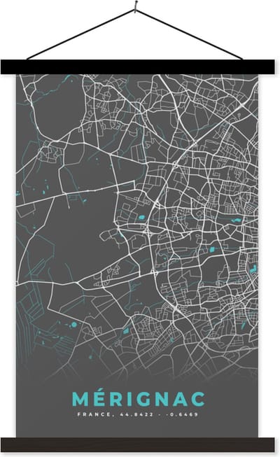 Posterhanger incl. Poster 40x60 cm - Schoolplaat - Mérignac – Plattegrond – Frankrijk – Kaart – Stadskaart - Textielposter - Zwarte latten - Stadskaart