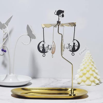 Dailygoods- Kaarsenhouder Gouden Maan Kat - Roterende Carrouselkaarsenhouder - Draaibare Theelichthouder - Dienblad - Tafeldecoratie - Voor Feest en Bruiloft - Kandelaar
