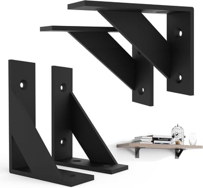 Zwarte metalen hoeksteun voor planken, 75 x 100 mm, 4 stuks, ideaal voor zwevende planken en wandplanken