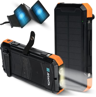 Avianta®Solar Powerbank 26.000 mAh - 3 Extra Zonnepanelen - Handzwengel - 22,5W Snelladen - Draadloos 15W – Zaklamp – Ingebouwde Kabels - USB-C PD - Outdoor - Noodpakket - Oranje