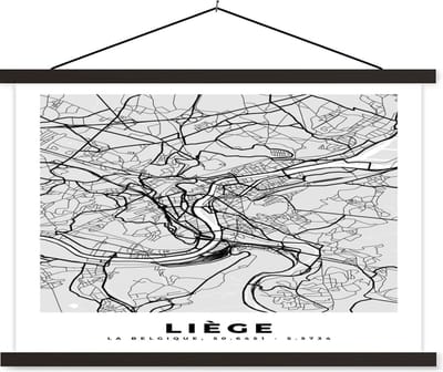 Posterhanger incl. Poster 60x40 cm - Schoolplaat - Kaart – Plattegrond – Stadskaart – Liège – België – Zwart Wit - Textielposter - Zwarte latten - Stadskaart