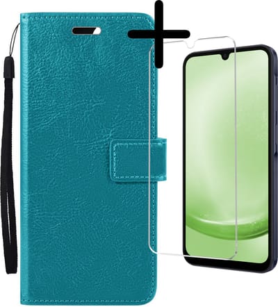 Hoesje Met Screenprotector - Geschikt voor Samsung Galaxy A25 - Luxe Pasjeshouder - Bookcase Portemonee - Flip Case - Kunstleer Book Case - Flipcase - Book Cover - Walletcase - Portemonneehoes - Turquoise
