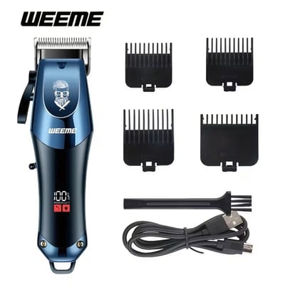 WEEME Clipper - Digitale Tondeuse - 3x 0.5mm Ingebouwde modi's/standen + 4x Opzetstukken - Usb Oplaadbare Scheerapparaat voor Gezichtshaar, Hoofdhaar en Lichaamshaar - Digitale Batterij Indicator - Kleur: Blauw