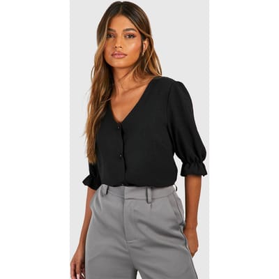 boohoo Dames Gehamerde pofmouwen blouse met knopen aan de voorkant | Zwart | Maat: 40