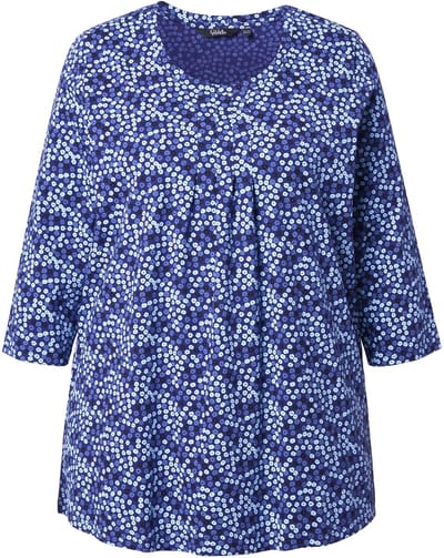 Ulla Popken - Dames - Shirt bloemen A-lijn sierplooien ronde hals 3/4-mouw - Donkerblauw - Maat 62+