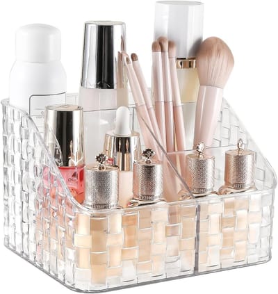 Make-up borstelhouder organizer met 4 sleuven van acryl, stijlvolle parfum organizer voor badkamer en ijdelheid, multifunctionele tandenborstel en pennenhouder