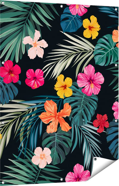 Gards Tuinposter Getekende Tropische Bloemen - Abstract - 90x120 cm - Tuindoek - Tuindecoratie - Wanddecoratie buiten - Tuinschilderij