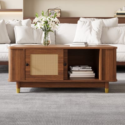 MODENUIT Salontafel - Rotan Schuifdeuren Met Opbergruimte - Voor Woonkamer - MDF Walnootkleur - 100x50x42 Cm